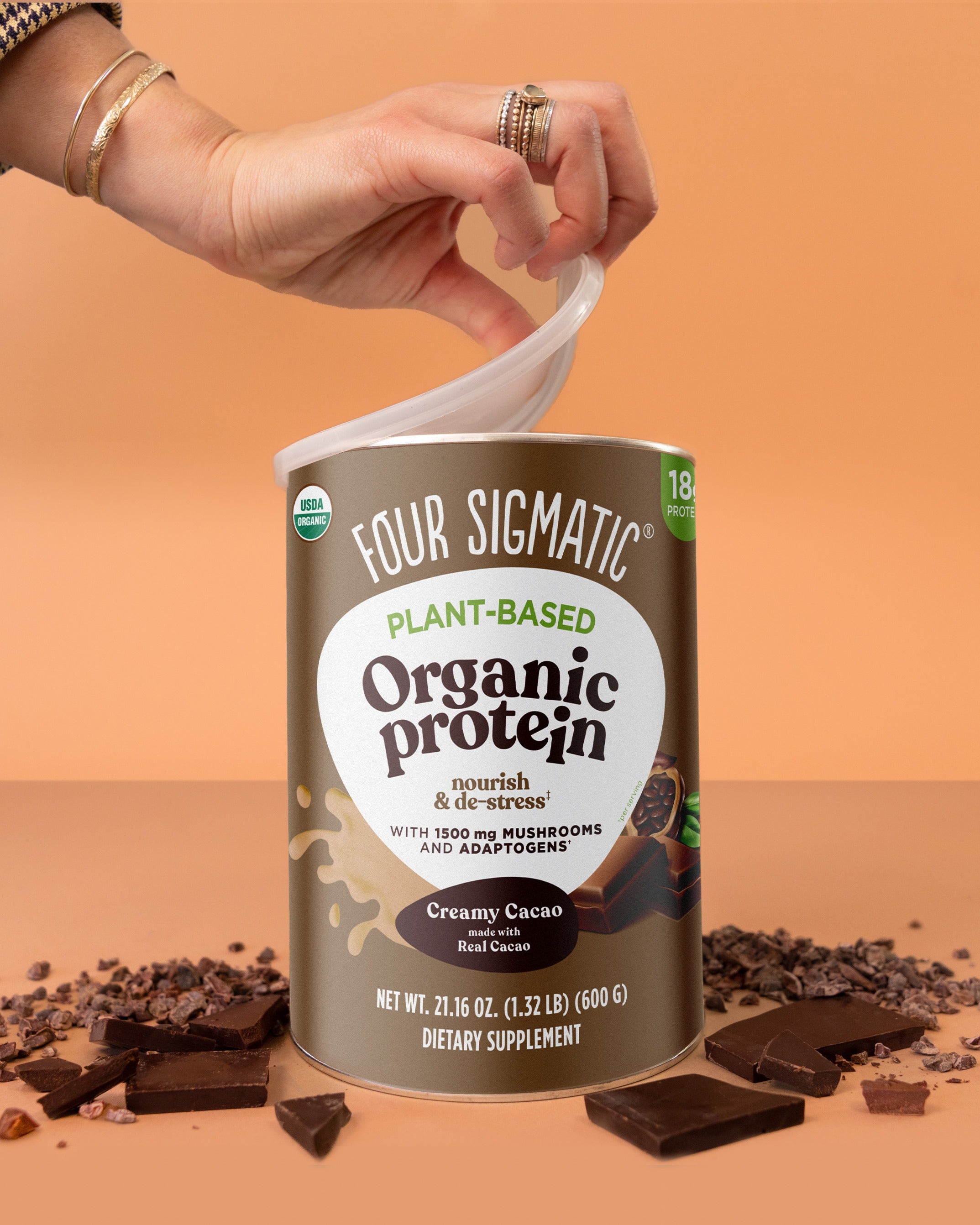 Bag of Four Sigmatic Happy Gut organic coffee with mushrooms and coffee beans.